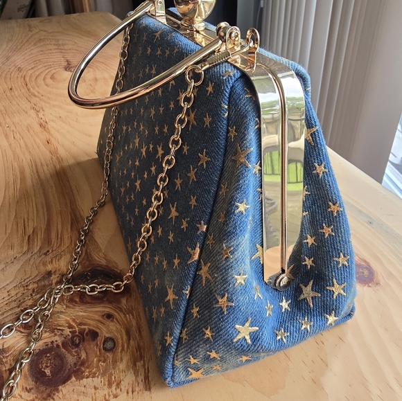 Gold Embossed Star Denim Crossbody Handbag - Picture 9 of 11